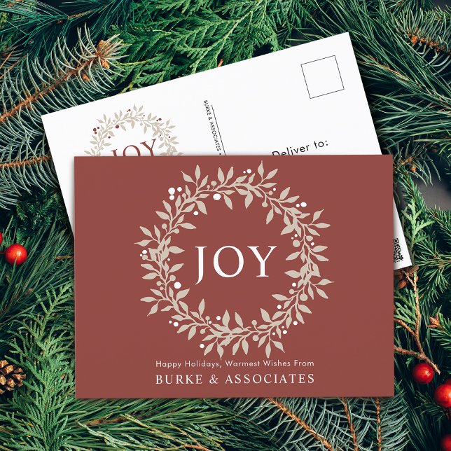 Elegant Rustic Wreath Joy Business Holiday Postcard (Elegant Rustic Wreath Joy Business Holiday Postcard)