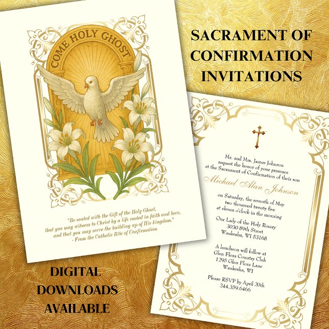 Elegant Sacrament of Confirmation Dove Lilies  Invitation (Creator Uploaded)