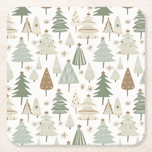 Elegant Saga green Christmas Trees  pattern Square Paper Coaster (Front)