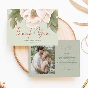 Elegant Sage and Blush Peony Flower Photo Wedding Thank You Card