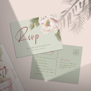 Elegant Sage and Blush Peony Flower RSVP Postcard