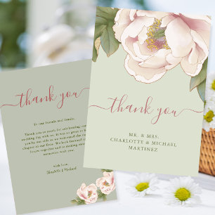 Elegant Sage and Blush Peony Rose Floral Wedding T Thank You Card