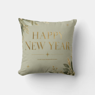 Elegant Sage and Gold Happy New Year Greeting  Cushion