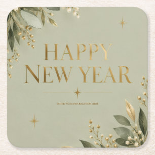 Elegant Sage and Gold Happy New Year Greeting Square Paper Coaster