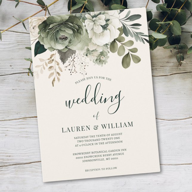 Elegant Sage and Ivory Floral Greenery Wedding Invitation (Creator Uploaded)
