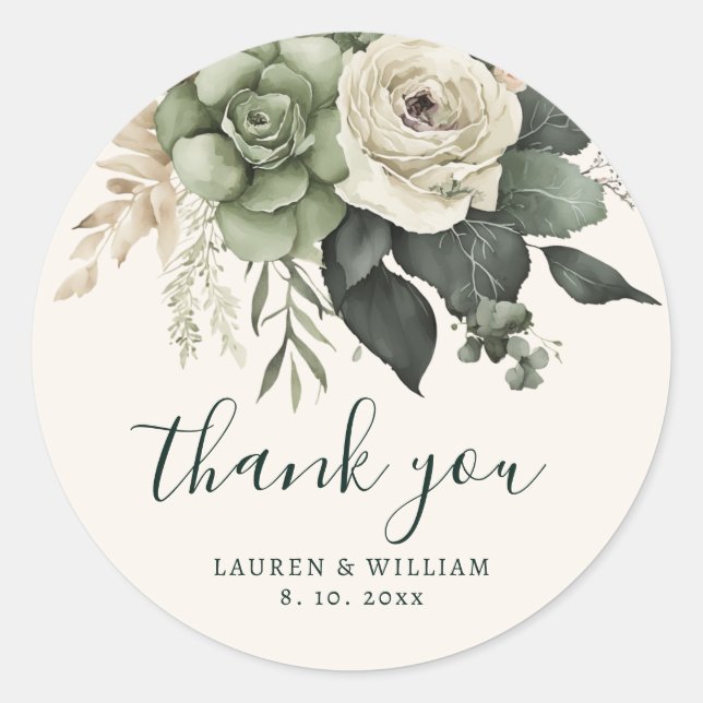 Elegant Sage and Ivory Floral Wedding Thank You Classic Round Sticker (Front)