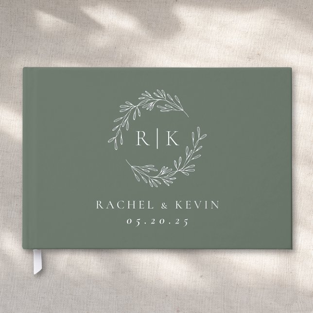 Elegant Sage and Silver Foliage Monogram Wedding Guest Book (Creator Uploaded)