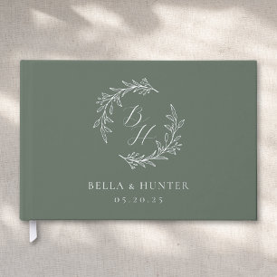 Elegant Sage and Silver Monogram Wreath Wedding Guest Book