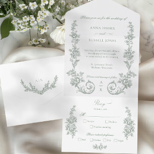 Elegant Sage Baroque Roses Wedding All In One Invitation