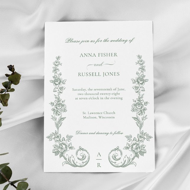 Elegant Sage Baroque Roses Wedding Invitation (Creator Uploaded)
