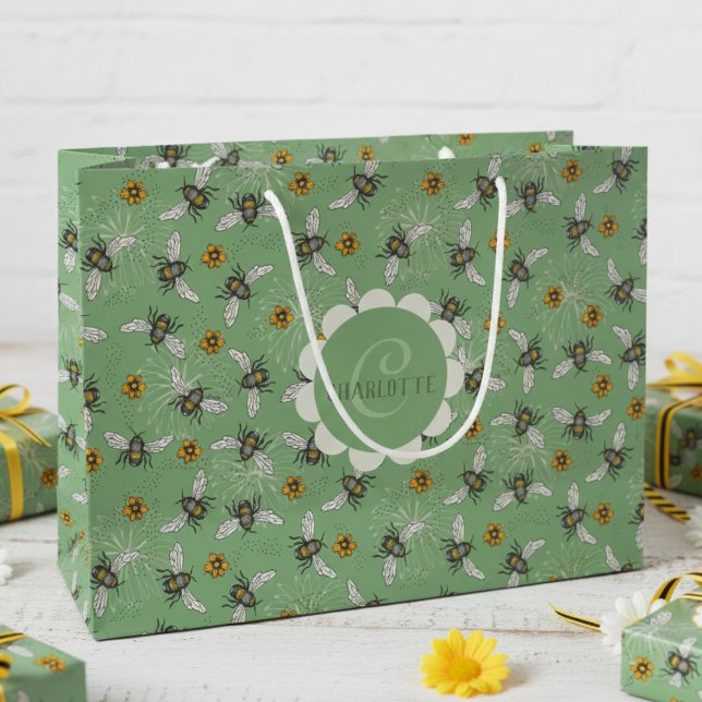 Elegant Sage Bee & Daisy Flower Pattern Large Gift Bag (Modern Floral Bee Gift Bags for Nature Lover. Botanical Vintage Honeybee & Flowers Pattern For Her )