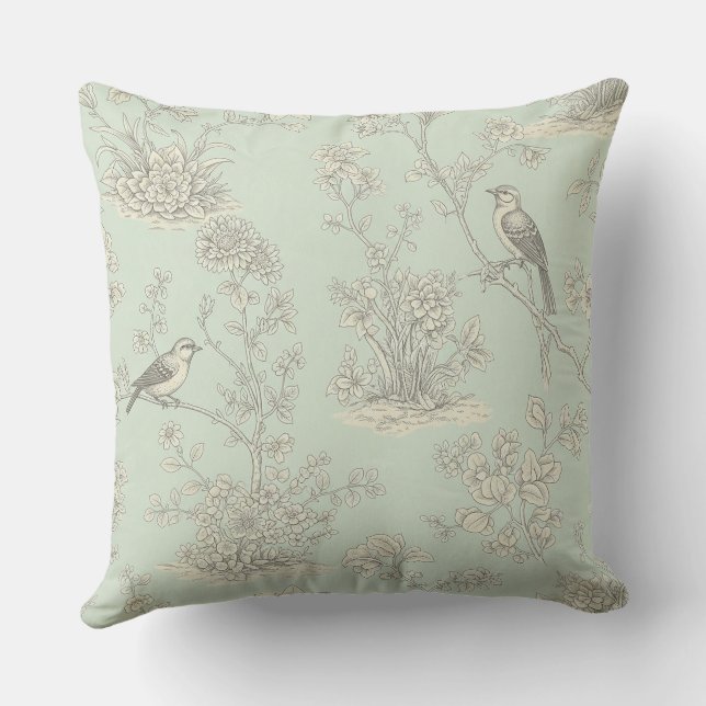 Elegant Sage Bird Botanical Toile Pattern Cushion (Back)