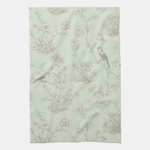 Elegant Sage Bird Botanical Toile Pattern Tea Towel