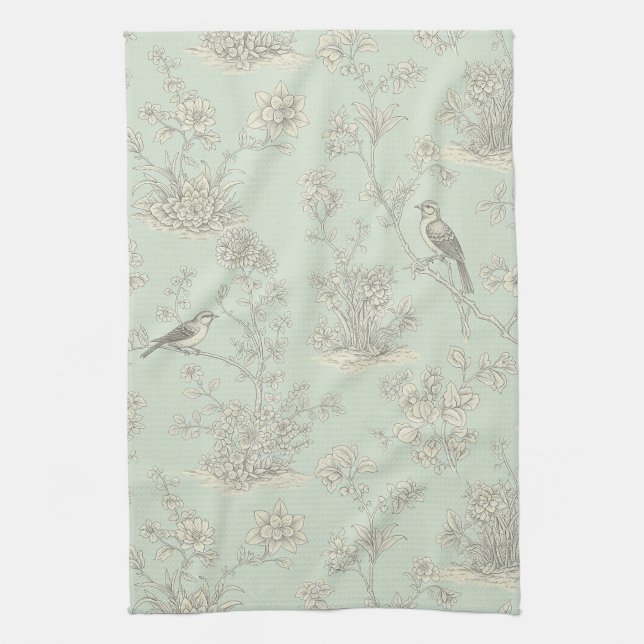 Elegant Sage Bird Botanical Toile Pattern Tea Towel (Vertical)