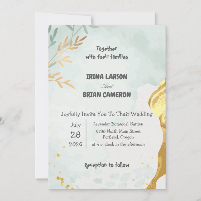 Elegant Sage Blue and Gold Wedding Invitation (Front)