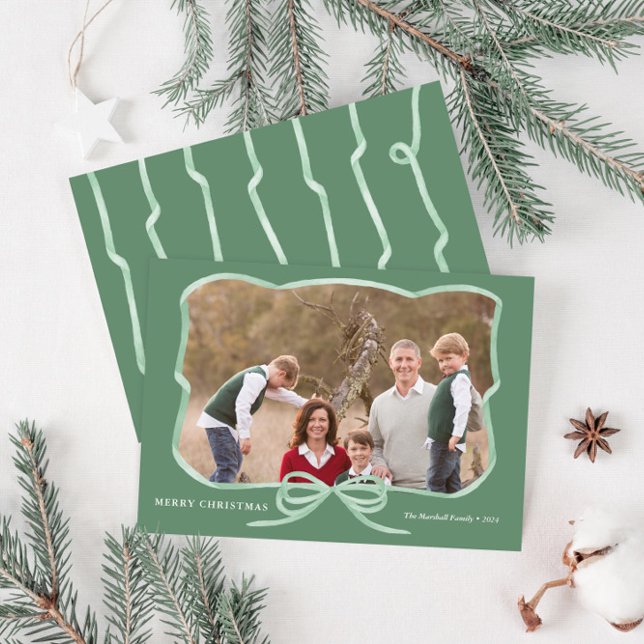 Elegant Sage Bow Photo Frame Merry Christmas Holiday Card (Modern sage green ribbon frame family photo holiday cards with hand-painted watercolor ribbon bow)