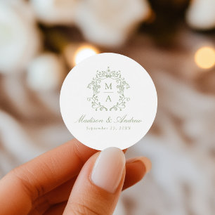 Elegant Sage Chinoiserie Crest Monogram Wedding Classic Round Sticker