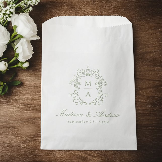 Elegant Sage Chinoiserie Crest Monogram Wedding Favour Bags (Creator Uploaded)