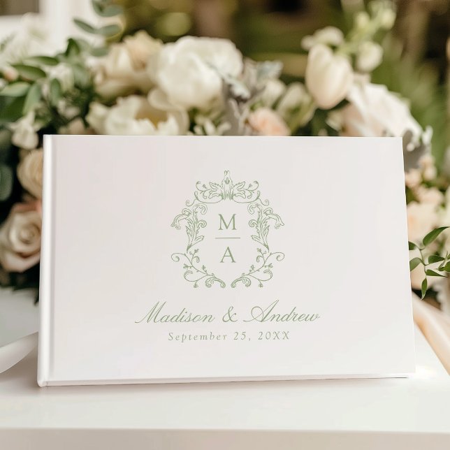 Elegant Sage Chinoiserie Crest Monogram Wedding Guest Book (Creator Uploaded)