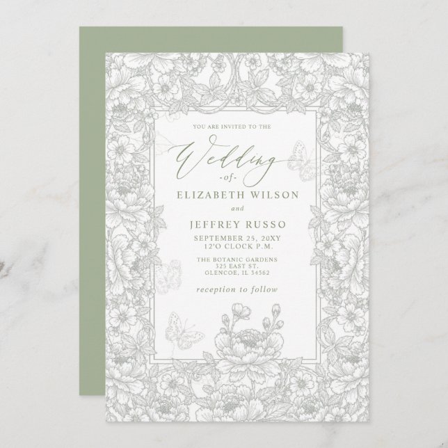 Elegant Sage Chinoiserie Floral Botanical Wedding Invitation (Front/Back)