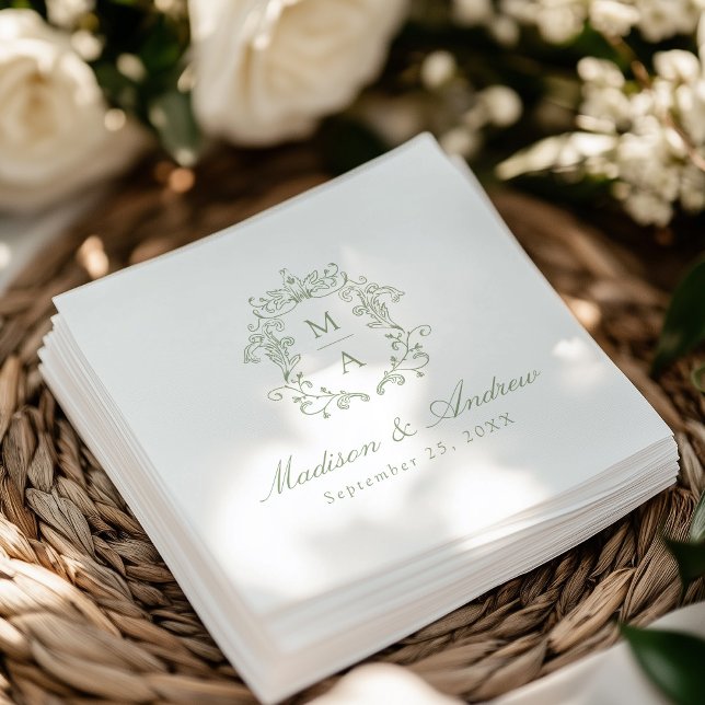 Elegant Sage Chinoiserie Monogram Crest Wedding Napkin (Creator Uploaded)