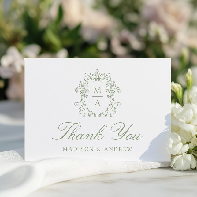 Elegant Sage Chinoiserie Monogram Crest Wedding Thank You Card (Creator Uploaded)