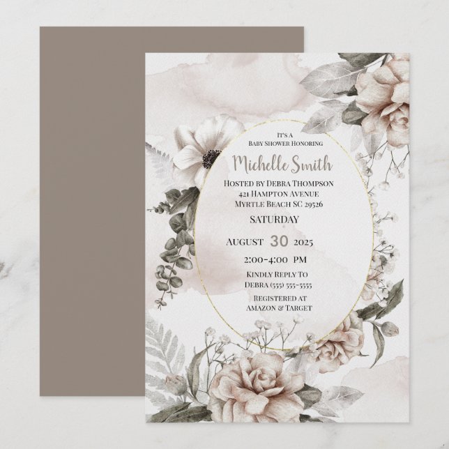 Elegant Sage Cream Watercolor Floral Baby Shower Invitation (Front/Back)