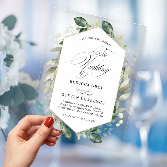 Elegant sage eucalyptus calligraphy wedding acrylic invitations (Creator Uploaded)