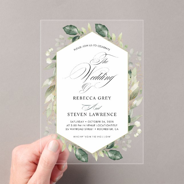 Elegant sage eucalyptus calligraphy wedding acrylic invitations (Insitu (Handheld))