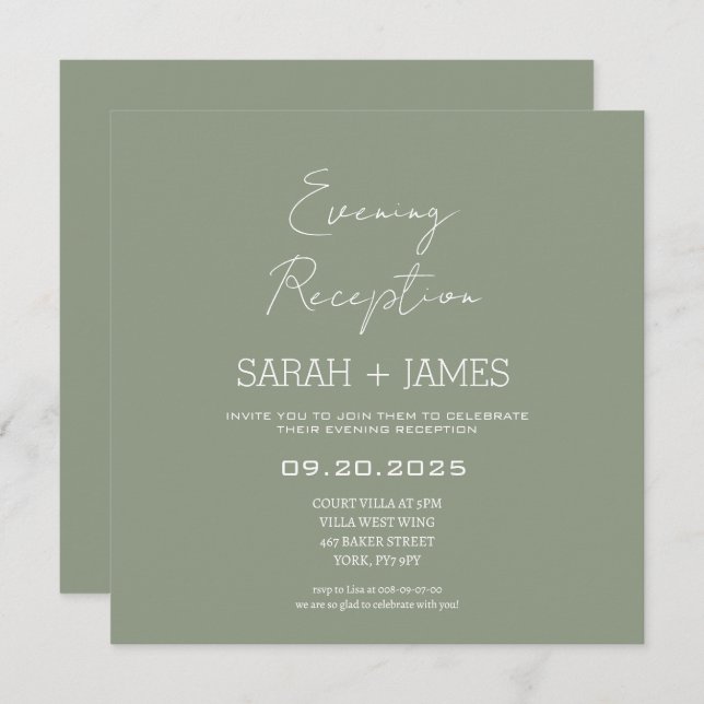 Elegant Sage Evening Reception Wedding Square Invitation (Front/Back)