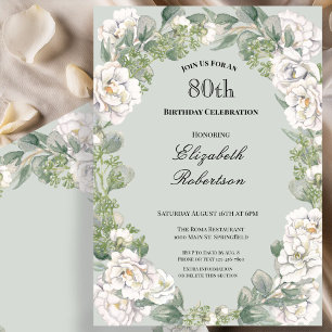 Elegant Sage Floral Border Women's 80th Birthday Invitation