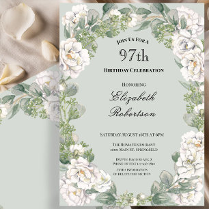 Elegant Sage Floral Border Women's 97th Birthday Invitation