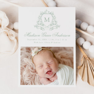 Elegant Sage Floral Crest Monogram 4 Photo Birth Announcement