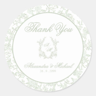 Elegant Sage Floral Toile Crest Monogram Wedding Classic Round Sticker