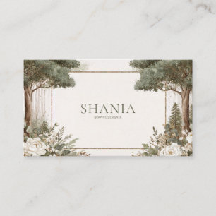 Elegant Sage Forest Gold Frame White Floral Business Card