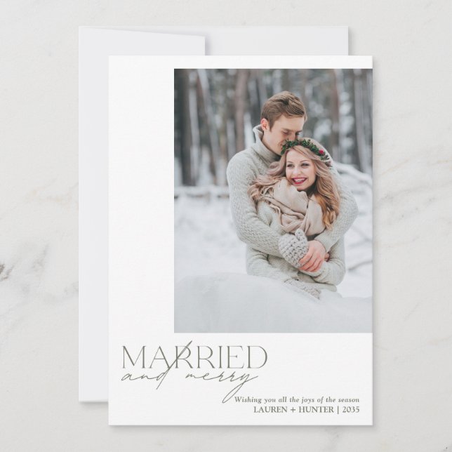 Elegant Sage Gingham Married & Merry Holiday Card (Front)
