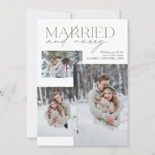 Elegant Sage Gingham Married & Merry Holiday Card