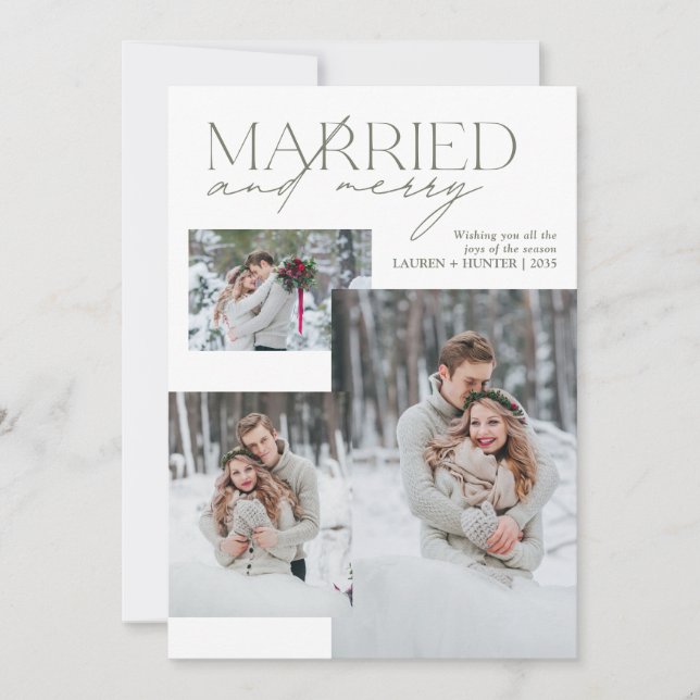 Elegant Sage Gingham Married & Merry Holiday Card (Front)