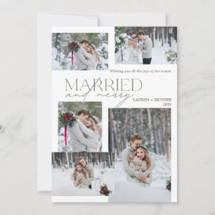 Elegant Sage Gingham Married & Merry Photo Holiday Card
