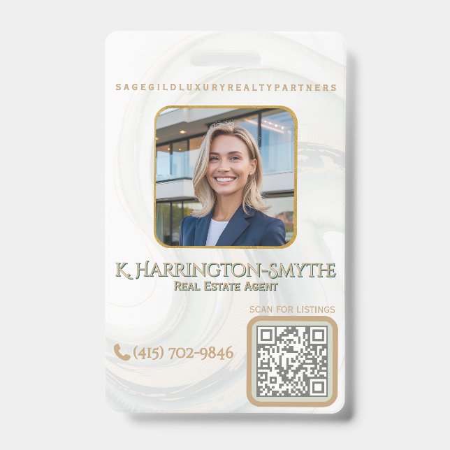 Elegant Sage Gold Realtor Photo ID/QR Code Contact ID Badge (Front)