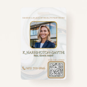 Elegant Sage Gold Realtor Photo ID/QR Code Contact ID Badge