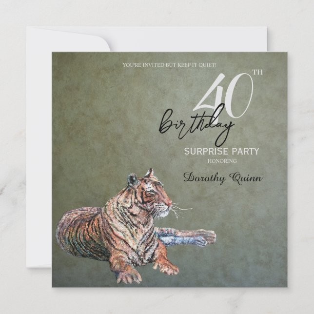 Elegant Sage Gold Tiger Surprise Birthday Party Invitation (Front)