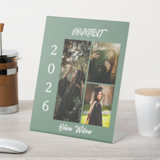 Elegant Sage Green 3-Photo Graduation Pedestal Sign