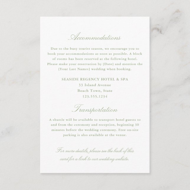 Elegant Sage Green Accommodation Transportation QR Enclosure Card (Front)