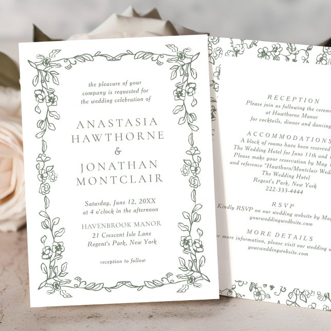 Elegant Sage Green All in One Victorian Wedding Invitation (Creator Uploaded)