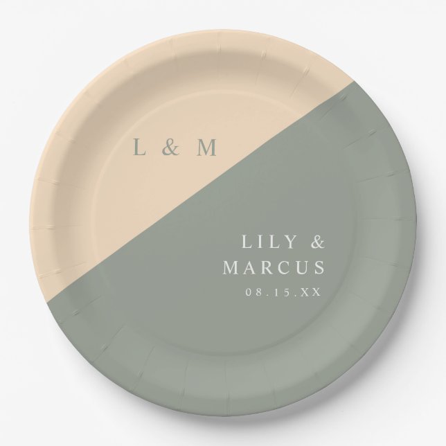 Elegant Sage Green And Cream Monogram Wedding Paper Plate (Front)