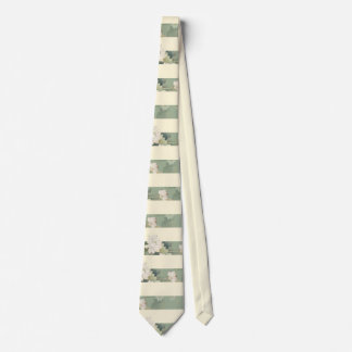 Elegant Sage Green and Cream Striped Botanical Tie