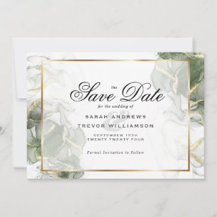 Elegant Sage Green and Gold Alcohol Ink Invitation