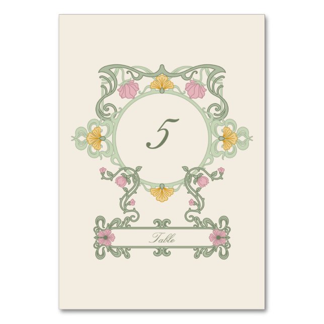 Elegant Sage Green and Gold Art Nouveau Table Number (Front)