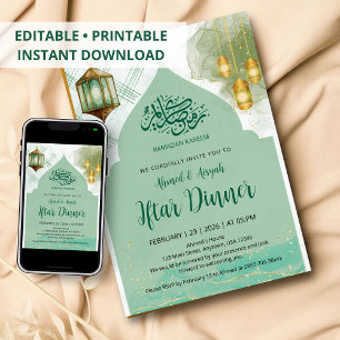 Elegant Sage Green and Gold Lantern Iftar Dinner Invitation